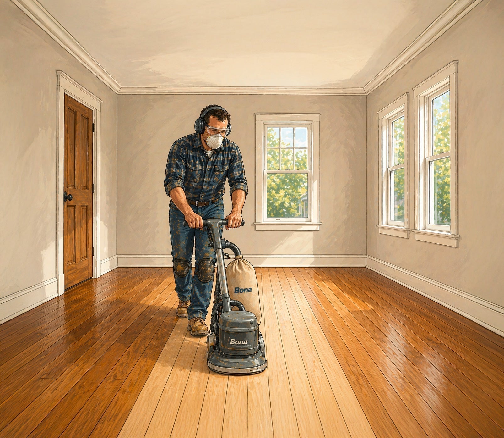 Contractor wearing PPE gear runs an orbital sander along hardwood flooring in the room of a house.