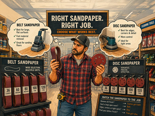 Contractor choosing between belt sandpaper and disc sandpaper in this illustration.
